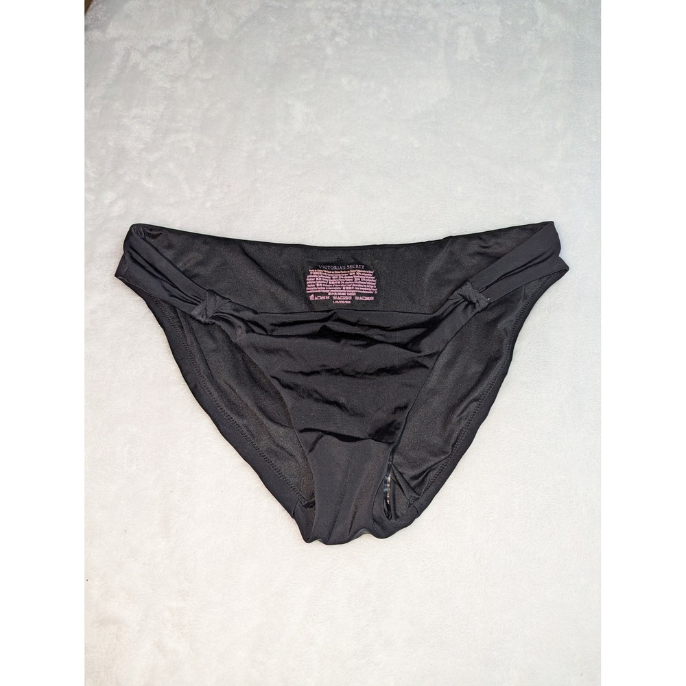 Victoria's Secret Black Ruched Knotted Bikini Bottom Gold Logo Charm Womens L